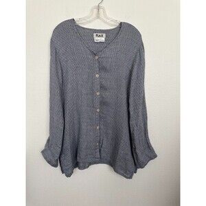 FLAX Button Front Linen Blouse Top 3/4 Sleeve Gray Lagenlook Women's Size Small